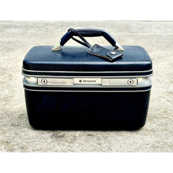 Vintage Samsonite Blue Leather Hard Shell Vanity Cosmetic Case Mirror Tray